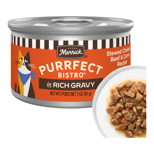 Merrick Cat Purrfect Bistro Delicious Premium High Protein  Stewed Chicken Beef And Carrot Recipe In Gravy 3oz. (Case of 24)