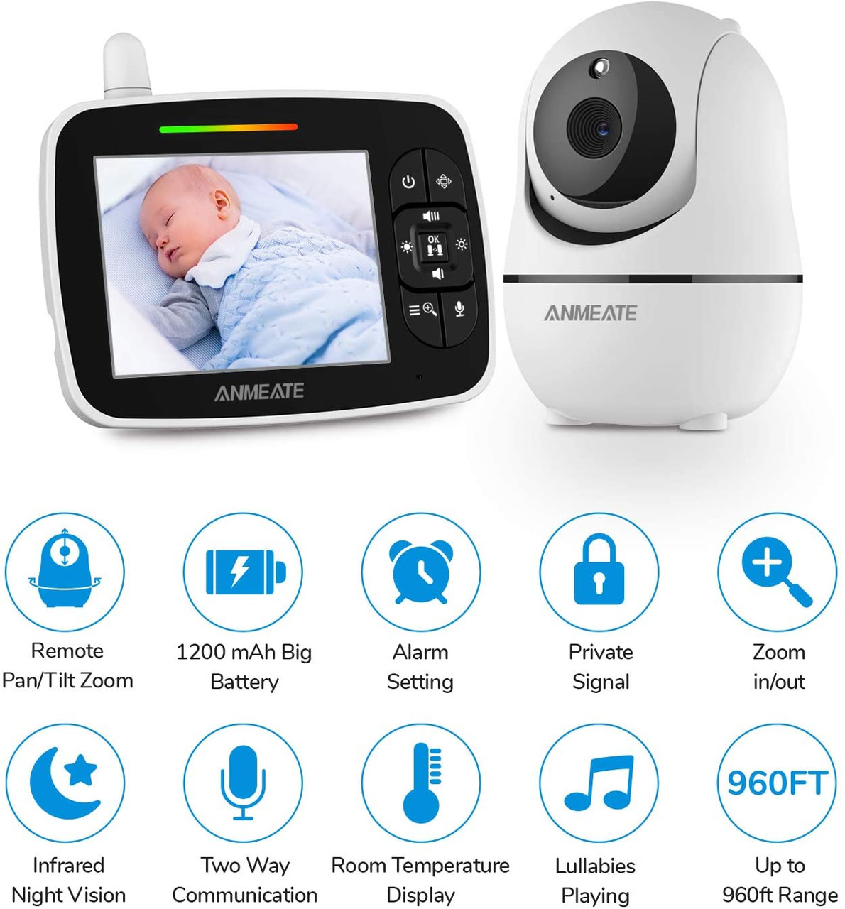 Baby Monitor with Remote Pan-Tilt-Zoom Camera, 3.5” Large Display Video Baby  Monitor with Camera and Audio, Infrared Night Vision, Two Way Talk, Room  Temperature