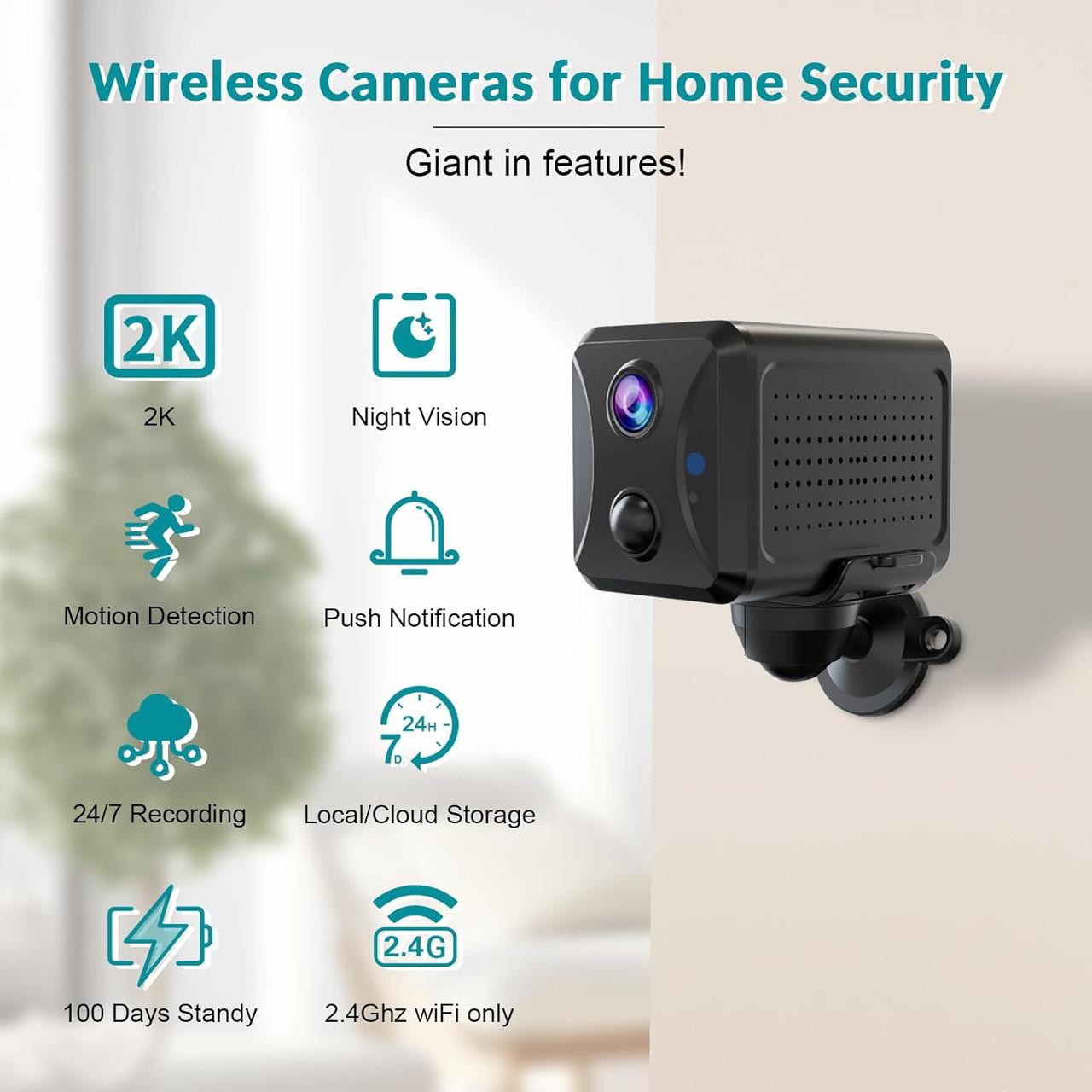 2k WiFi Security Camera Long Standby Battery Life Cloud SD Storage Clear Night Vision AI Motion Detection Real-Time Recording