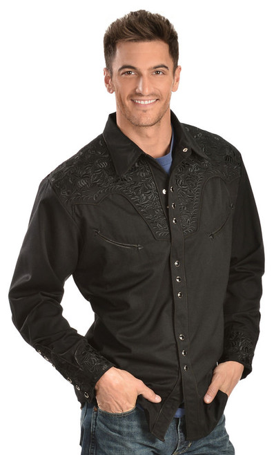 Scully Floral Embroidery Black Retro Western Shirt