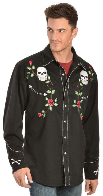 Scully Skull & Roses Embroidered Retro Western Shirt