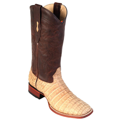 Los Altos Men's Wide Square Toe Caiman Belly Boots Honey Greasy Finish
