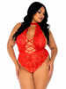 Floral Lace Crotchless Teddy - 1x/2x - Red