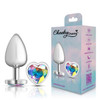 Clear Iridescent Heart Gem Silver Metal Plug - Lg