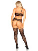 3 Pc Lace Bra Top, v-Front G-String, and Garter Belt Stockings O/s - Black