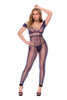 Crochet Net Footless Bodystocking with Cap Sleeves, Open Crotch - Midnight Blue - Os