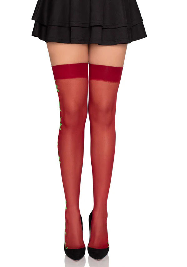 Spandex Thigh Highs With Roses - Os - Burgundy