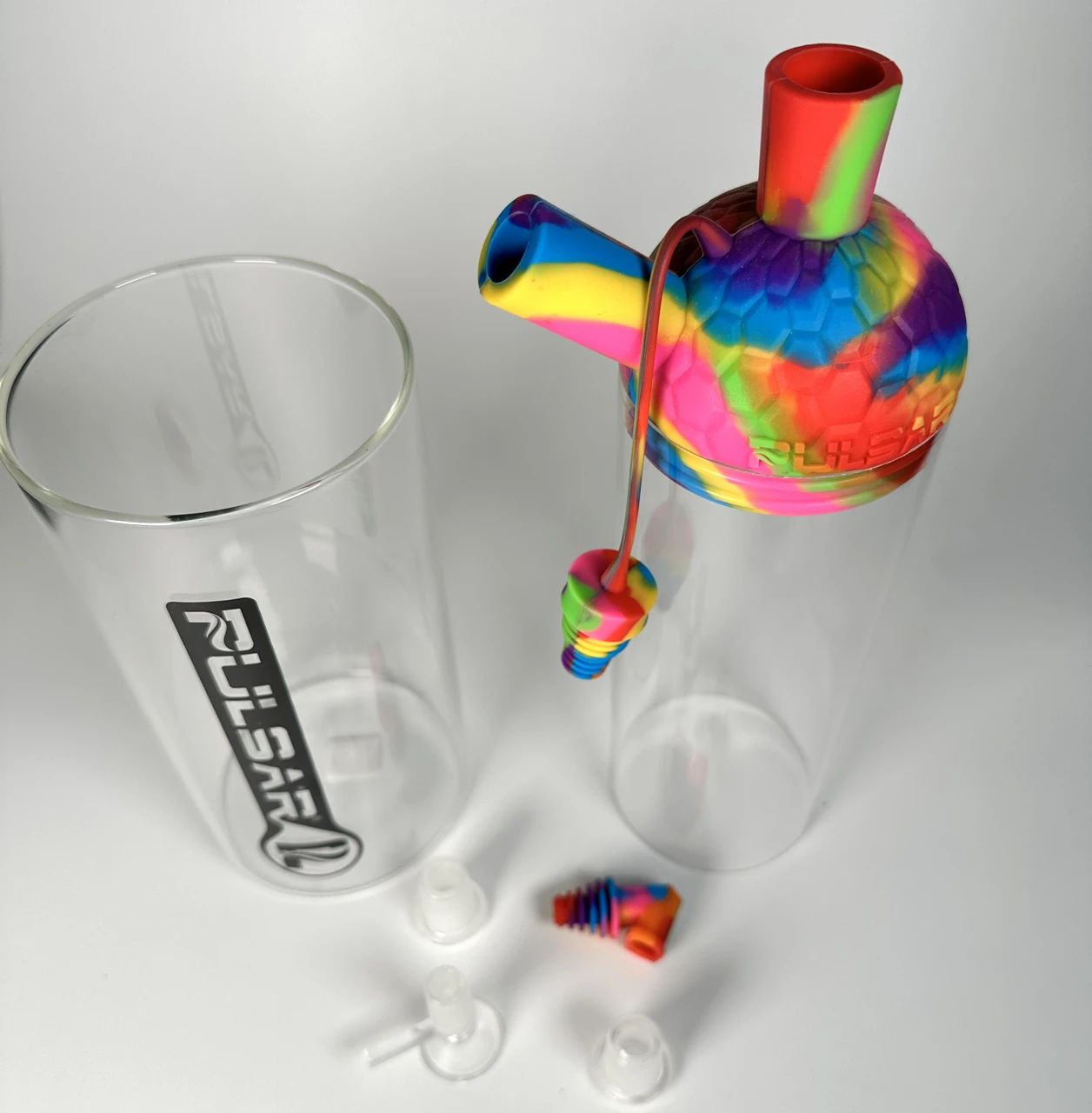 Pulsar RIP Series Gravity Water Pipe – Rainbow Tie-Dye Glass/Silicone Hybrid (11")