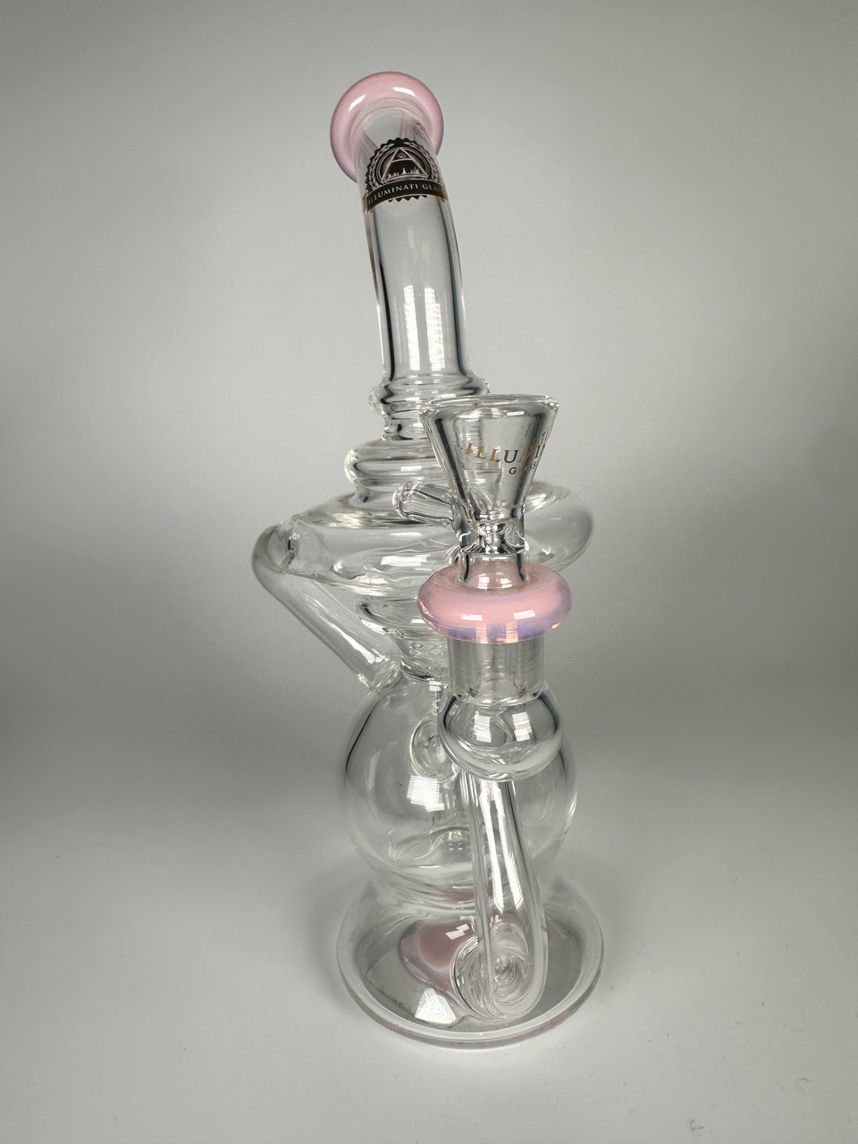 Illuminati Glass Recycler Water Pipe Pink Accents Clear Borosilicate Glass Hookah Rig (10.5")