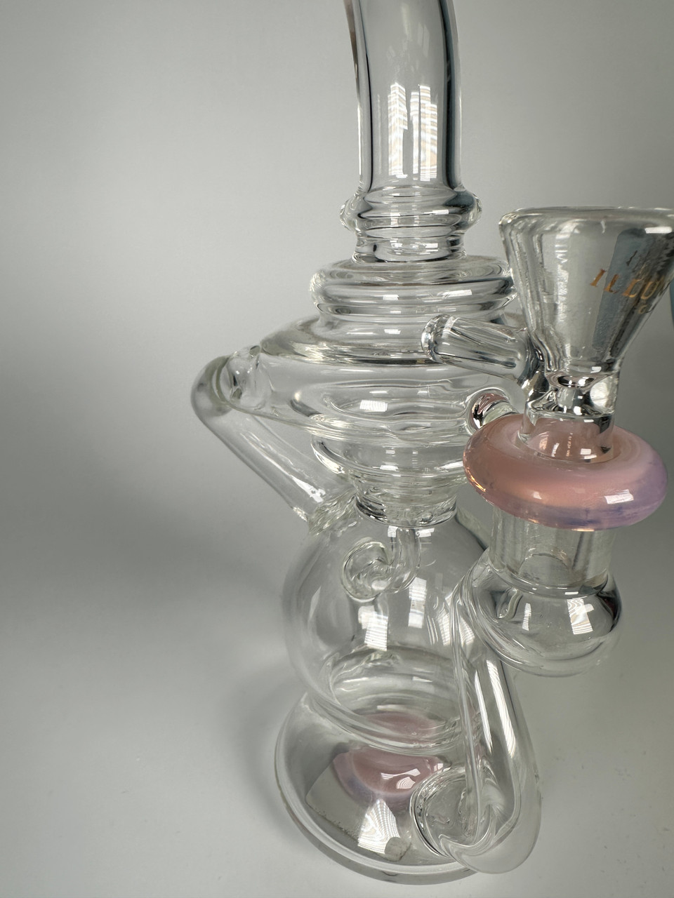 Illuminati Glass Recycler Water Pipe Pink Accents Clear Borosilicate Glass Hookah Rig (10.5")