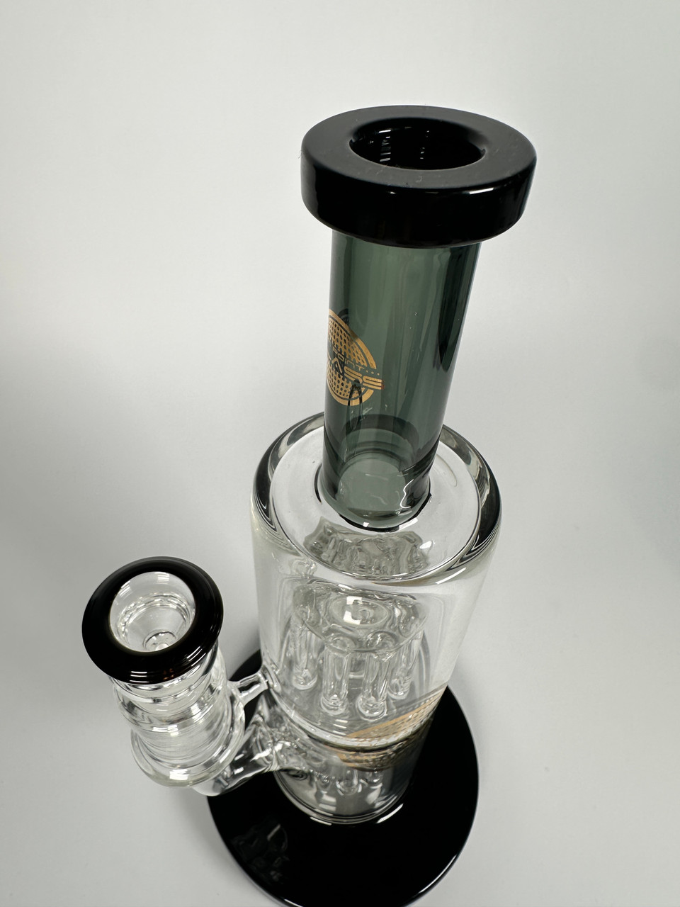 On Point Glass Double Tree Perc Water Pipe – Heavy Duty Thick Glass Rig with Black Accents (10.5")