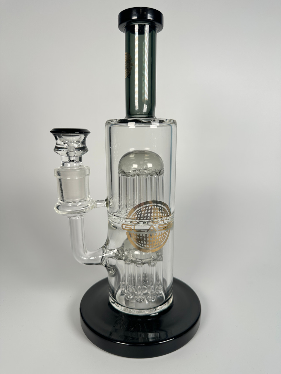On Point Glass Double Tree Perc Water Pipe – Heavy Duty Thick Glass Rig with Black Accents (10.5")