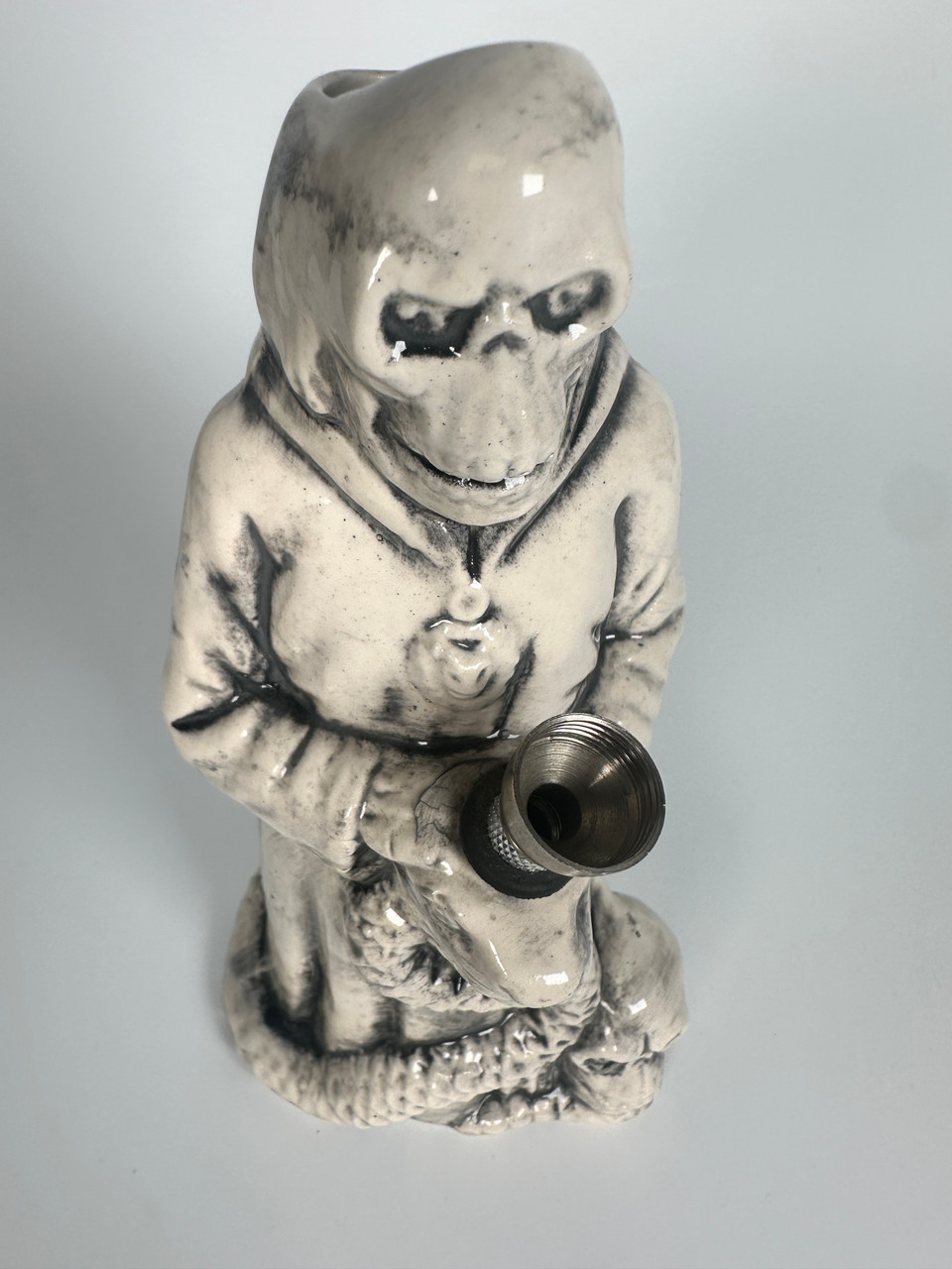 Vintage Grim Reaper Ceramic Water Pipe – Cloaked Skeleton & Snake Metal Bowl Rig (8.5")