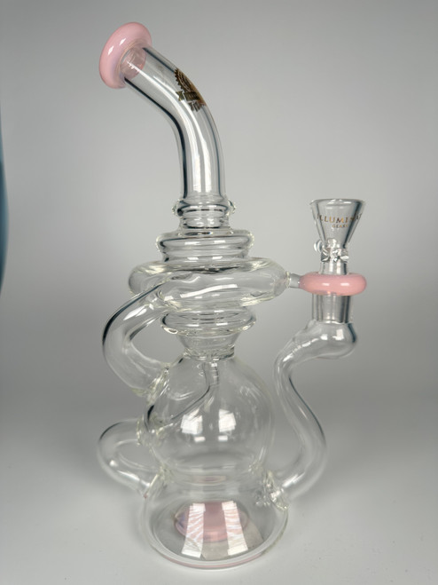 Illuminati Glass Recycler Water Pipe Pink Accents Clear Borosilicate Glass Hookah Rig (10.5")