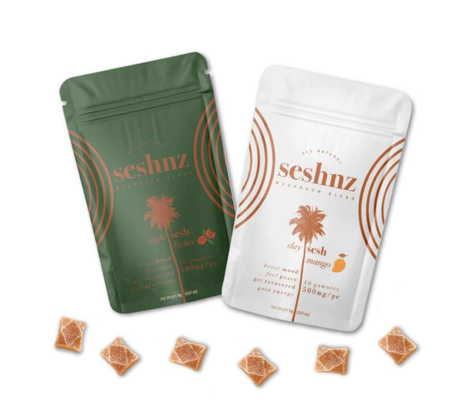 A variety of nootropic mushroom products in colorful packaging.