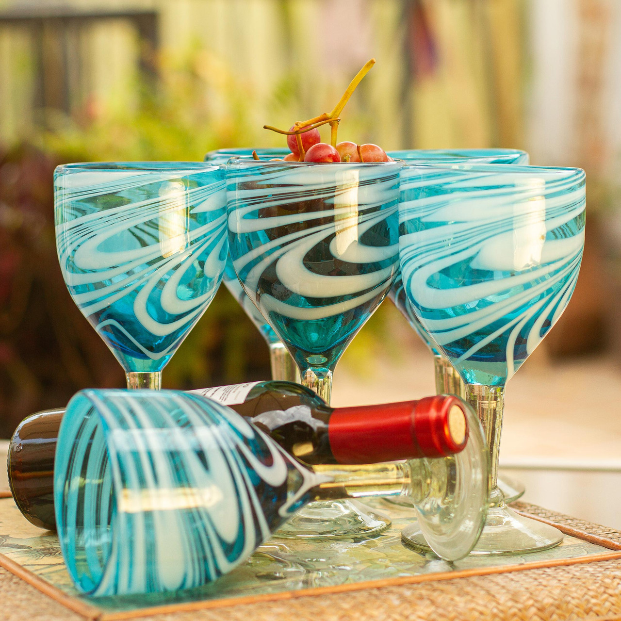 Set of 6 Recycled Hand Blown Aqua Wine Glasses from Mexico