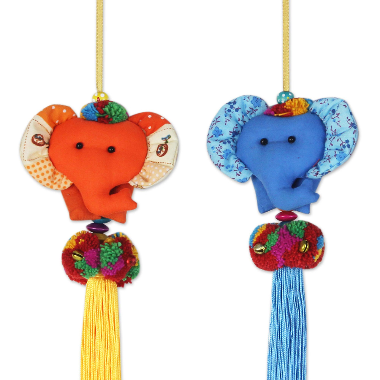 4 Artisan Crafted Multicolor Thai Cotton Elephant Ornaments 'Happy Thai