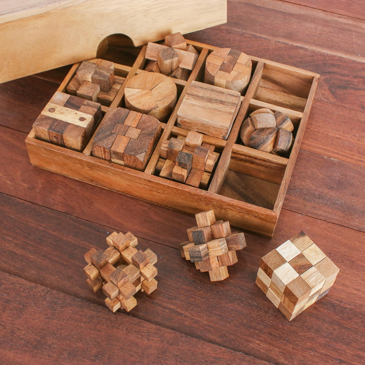 12 Handcrafted Wood Puzzles with Box from Thailand, 'Array of Challenges