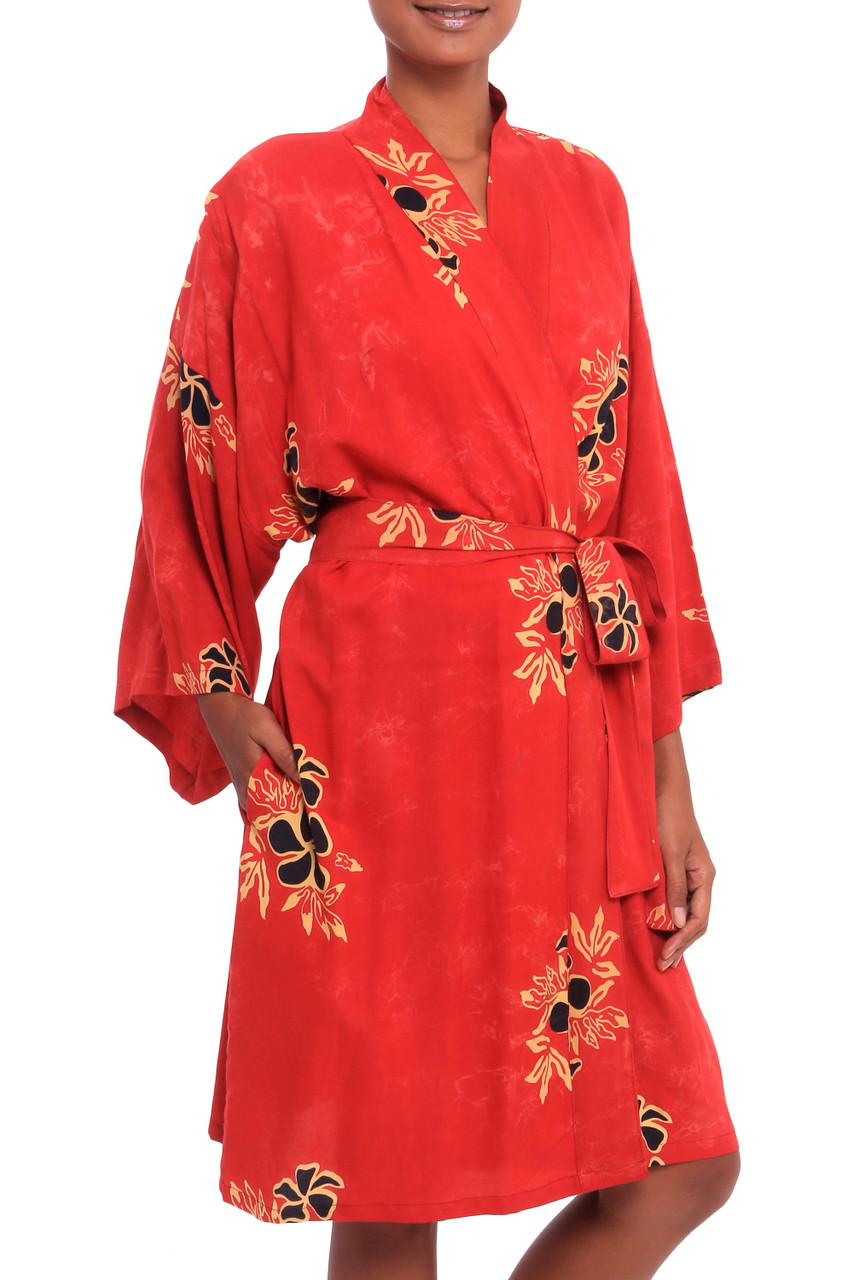 Crimson Rayon Robe with Black Floral Motifs from Bali 'Crimson Floral ...