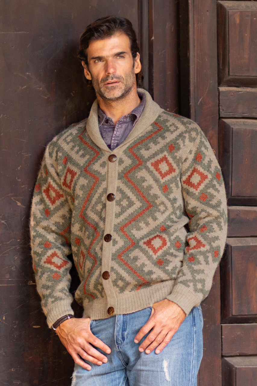 Zigzag Pattern Men's 100 Alpaca Cardigan from Peru 'Andean Zigzag