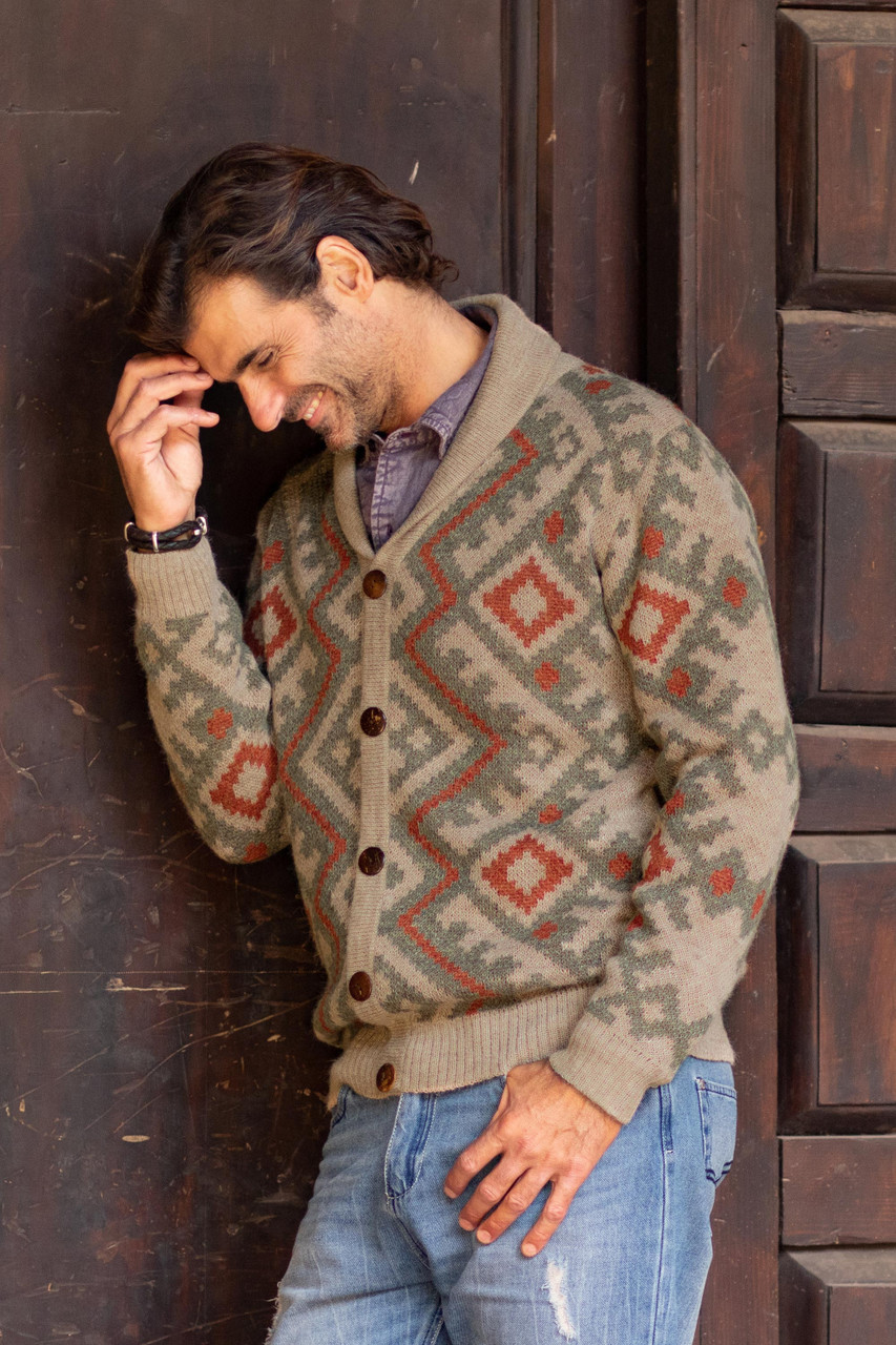 美品 ARTS&SCIENCE / Ethnic cardigan size2 Zigzag Pattern Men's 100 Alpaca Cardigan from Peru 'Andean Zigzag