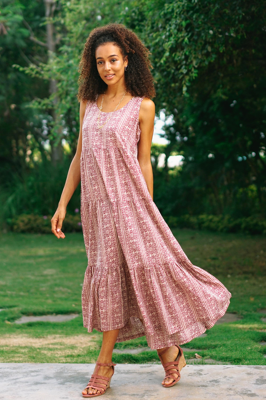 Sleeveless Cotton Maxi Dress in Berry and Wheat 'Berry Charm