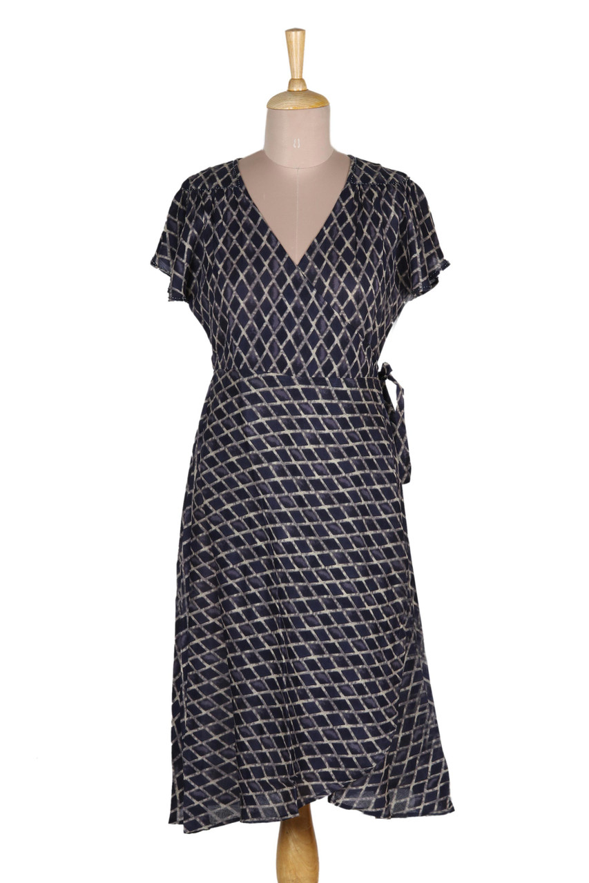 Beaded Indigo Viscose Wrap Dress 'Creative Fusion in Indigo