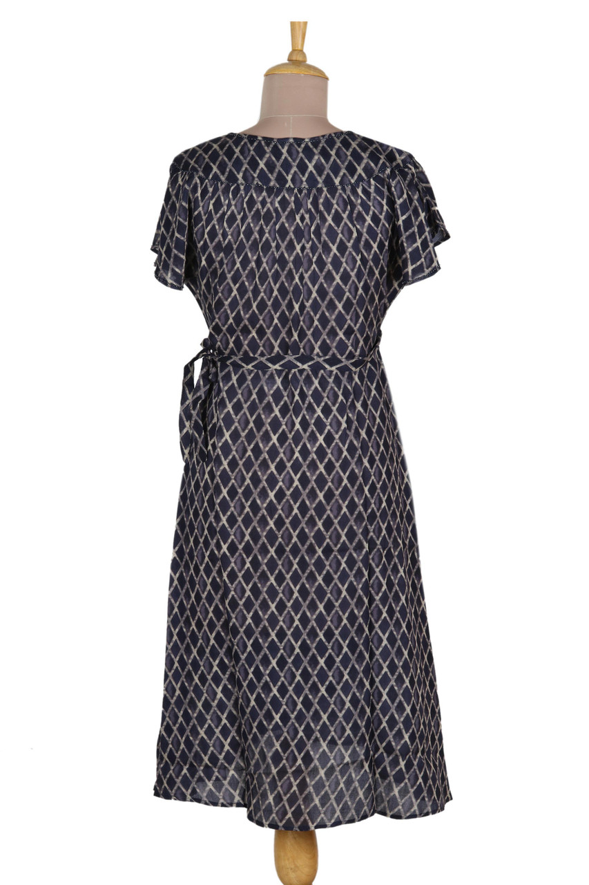Beaded Indigo Viscose Wrap Dress 'Creative Fusion in Indigo