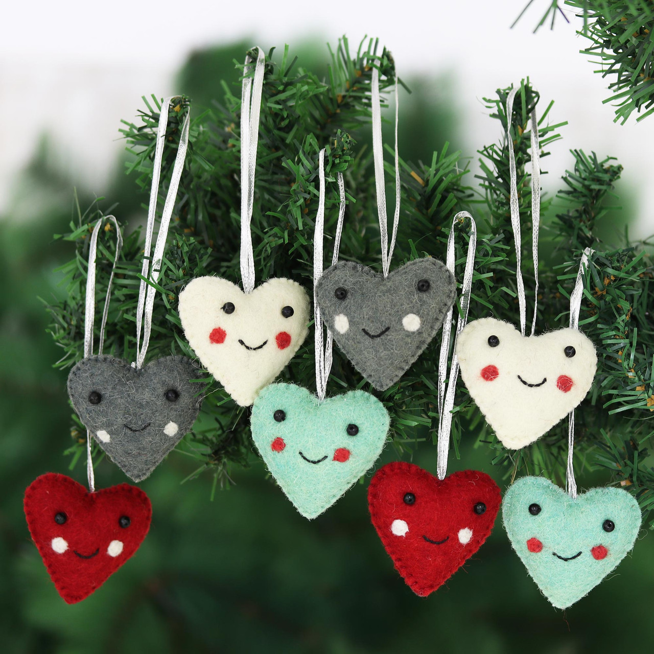 Assorted Colors Wool Felt Heart Ornaments Set of 8 'Smiling Hearts' -  International Medical Corps