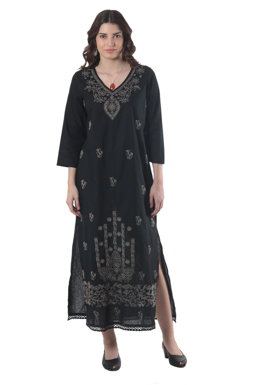 Cotton Maxi Dress with Chikankari Hand Embroidery 'Midnight Bliss' -  International Medical Corps
