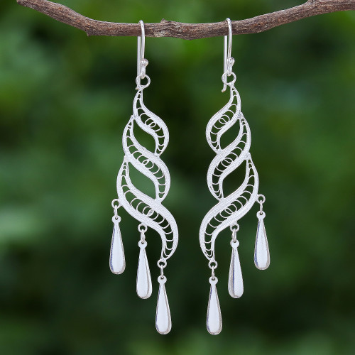 Handcrafted Sterling Silver Filigree Dangle Earrings 'Three Graces'