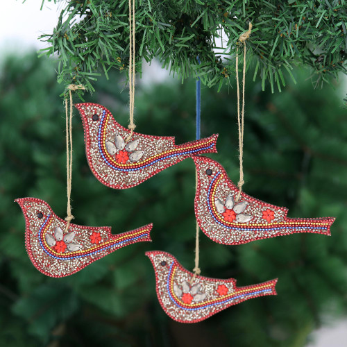 Handcrafted Beaded Bird Ornaments Set of 4 'Birds of Bollywood'