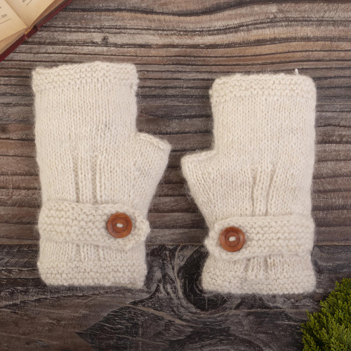 Ivory 100 Undyed Alpaca Fingerless Mitts from Peru 'Buttoned Warmth'