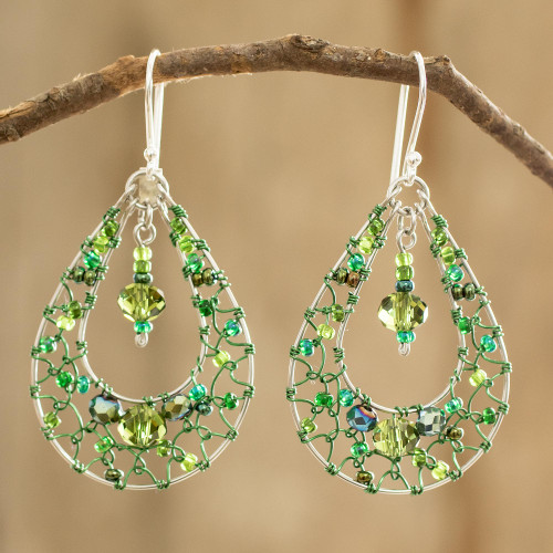 Double Drop Dangle Earrings with Green Crystals and Filigree 'Green Drop Sparkle'