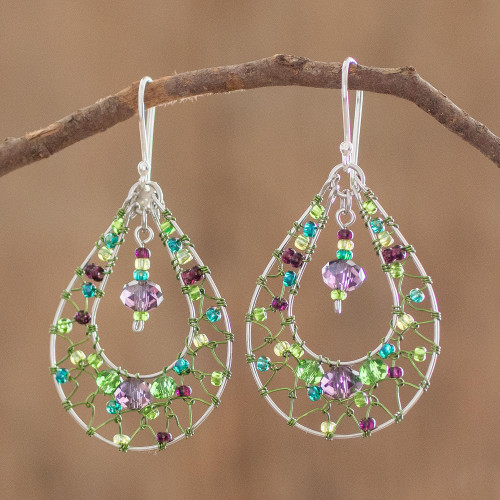 Double Drop Dangle Earrings in Green and Purple Crystals 'Green and Purple Sparkle'