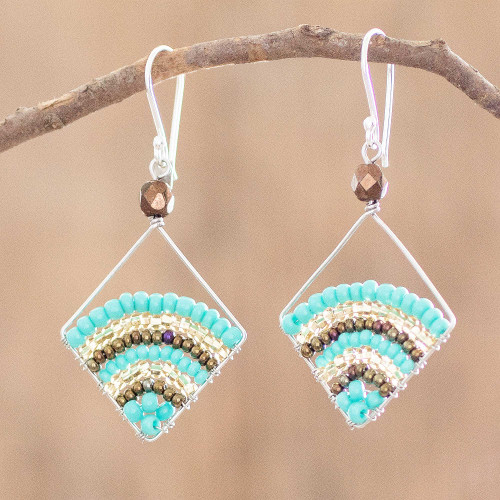 Glass Beaded Dangle Earrings With Sterling Silver Hooks 'Aqua Stripe Rainbow'