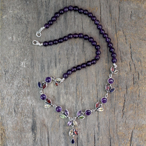 Floral Y Necklace Multigemstone Jewelry from India 'Wild Feminine'