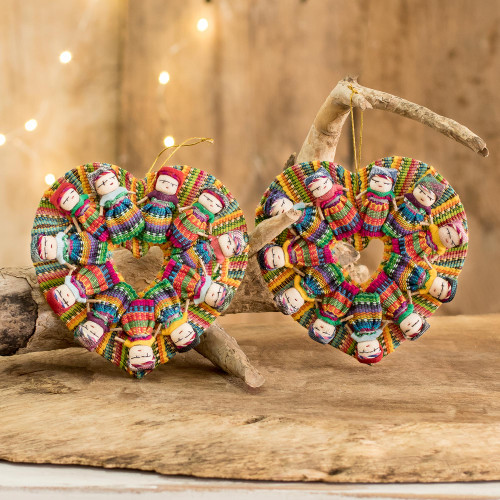 Handwoven Cotton Worry Doll Christmas Ornaments Set of 2 'Friendship is Love'