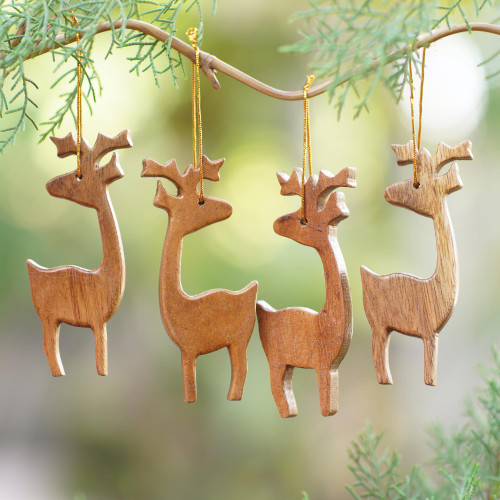 Handcrafted Wooden Christmas Ornaments Set of 4 'Santa's Herd'