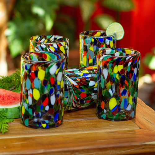 Multicolored Spotted Glass Tumblers from Mexico Set of 6 'Large Mod Spots'