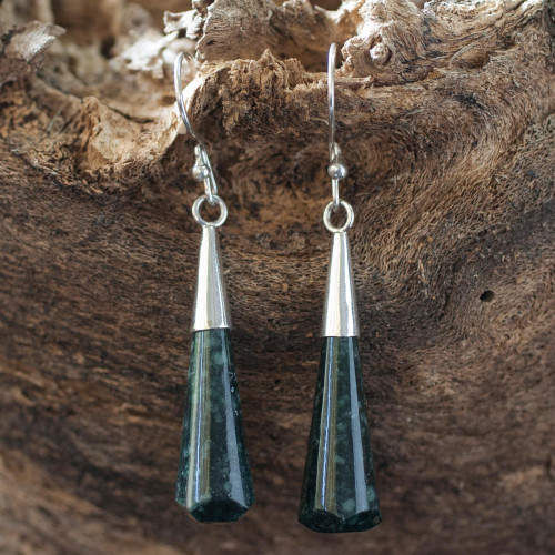 Handcrafted Sterling Silver Dangle Jade Earrings 'Faceted Green Droplet'