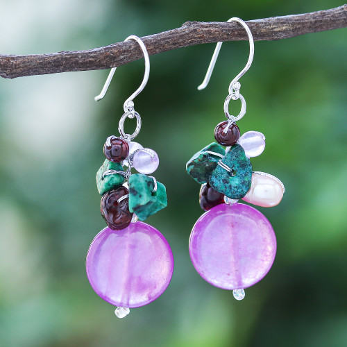 Quartz and Cultured Pearl Dangle Earrings 'Grape Lover'