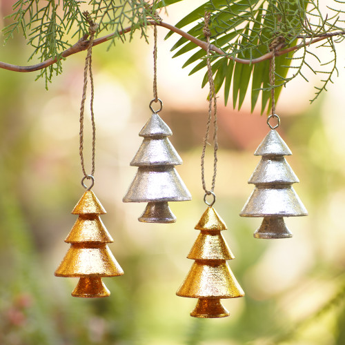 Handmade Wood Holiday Tree Ornaments Set of 4 'Sparkling Trees'