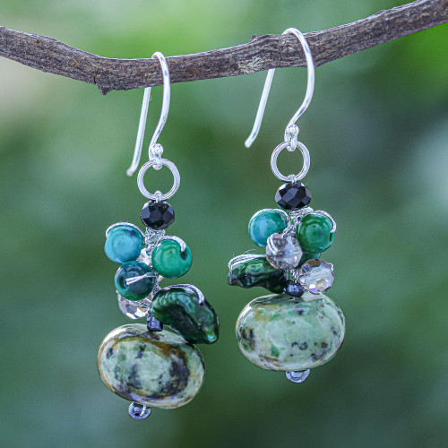 Multi Gemstone Dappled Green Beaded Dangle Earrings 'Spring Moss'