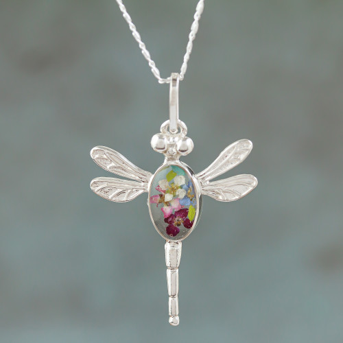 Sterling Silver Dragonfly Pendant Necklace with Flowers 'Blue Anahuac Dragonfly'