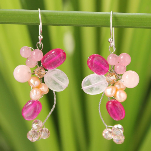 Handcrafted Cultured Pearl and Rose Quartz Cluster Earrings 'Radiant Bouquet'