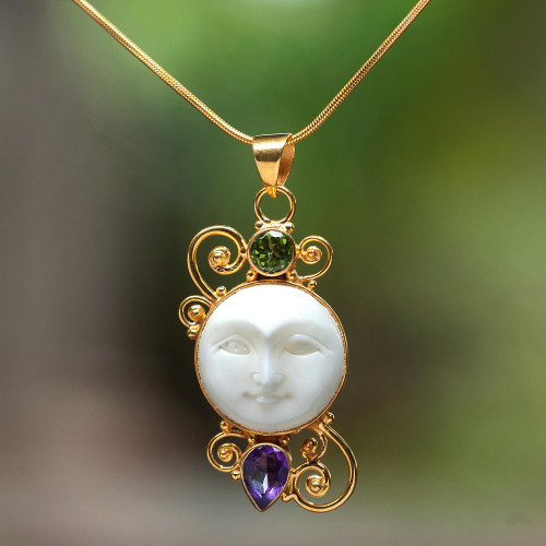 Gold Plated Amethyst and Peridot Pendant Necklace from Bali 'Round Moon'