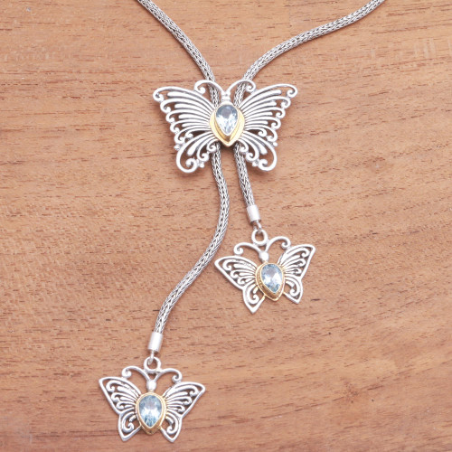Gold Accented Blue Topaz Butterfly Lariat Necklace 'Butterfly Trio'