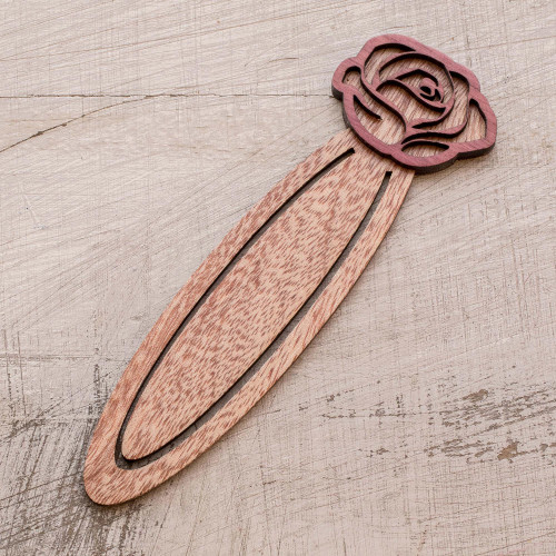 Handcrafted Recycled Teak Floral Rose Theme Bookmark 'Blossoming Rose'