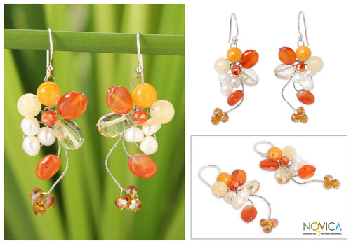 Unique Beaded Carnelian Earrings 'Radiant Bouquet'